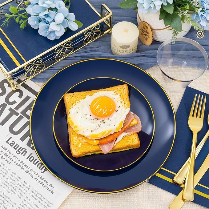 NOCCUR 350PCS Navy Blue Plastic Plates - Blue Disposable Dinnerware Set for 50 Guests, 100 Dinner/Dessert Plates, 150 Gold Silverware, 50 Cups&50 Napkins for Party/Wedding/Hanukkah