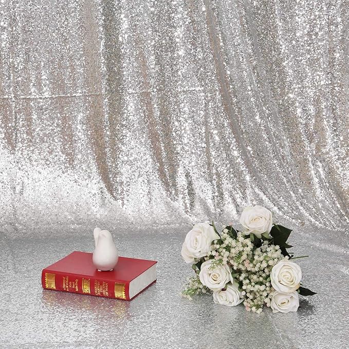 Poise3EHome 2Pcs 3Ft x 8Ft Silver Sequin Backdrop Curtain, Glitter Photography Background, Sequence Xmas Thanksgiving Backdrop for Wedding Party Holiday Festival Decor