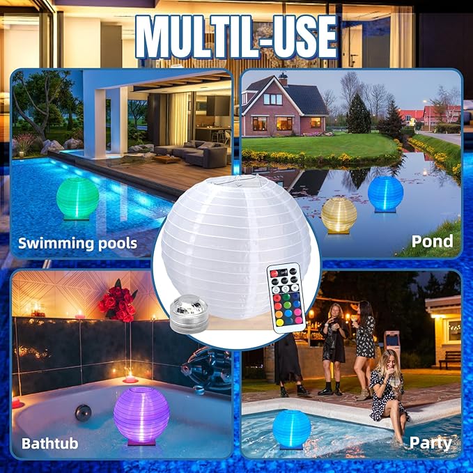 Floating Lanterns LED Pool Lights,IP68 Waterproof Pool Lights That Float ,13 Color Changes by Remote Control for Pool Decor,Outdoor Party,Wedding (4Pcs-10 inches)