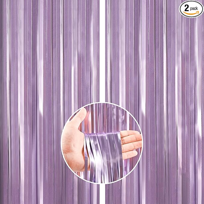 ParyWoo Light Purple Streamers 2pcs Tinsel Backdrop 8.2FT Metallic Lavender Foil Fringe Streamer Curtains Photo Booth Backdrop for Halloween Baby Shower Bachelorette Wedding Party Decorations