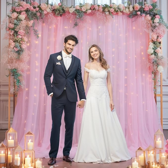 30×10ft Pink Tulle Backdrop Curtain with Lights String for Parties, Sheer Photo Backdrop Curtains for Wedding Party Photography Background