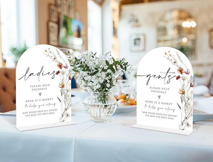 2 Pcs Boho Floral Wedding Bathroom Ladies & Gents Signs, 6 x 8 Inch White Arch Acrylic Wedding Sign with Holder, Wedding Sign for Ceremony and Reception, Wedding Decoration, Wedding Supplies - BX32