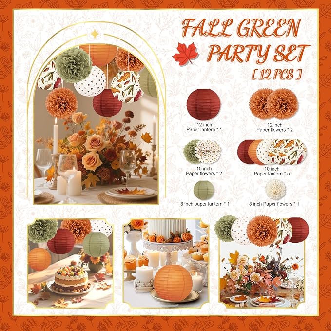 NICROLANDEE Fall Wedding Decorations, 12 PCS Orange Maple Leaf Paper Lanterns Tissue Pom Poms for Thanksgiving Day Backdrop Decoration, Fall Baby Bridal Shower, Birthday, Autumn Harvest Party Decor