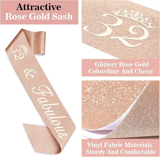 32 Birthday Decorations for Women Including Birthday Sash, Crown/Tiara, Candles and Cake Topper, 32 Year Old Gifts for Women, Rose Gold Party Decor Supplies