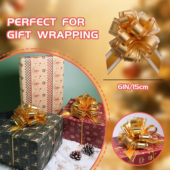6 Pcs 6 Inch Golden Pull Bows, Perfect for Gift Wrapping, Weddings, Party Decorations, Crafts Easy-to-Use Pull Bows for Gifts and Events