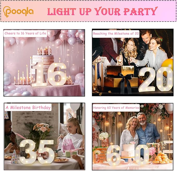 Pooqla 20th Birthday Decorations for Her Him, Light Up Number 20 for Party Table Decorations, 20th Birthday Gift for Women Men, Backdrop Wall Decor for 20th Wedding Anniversary Decoration