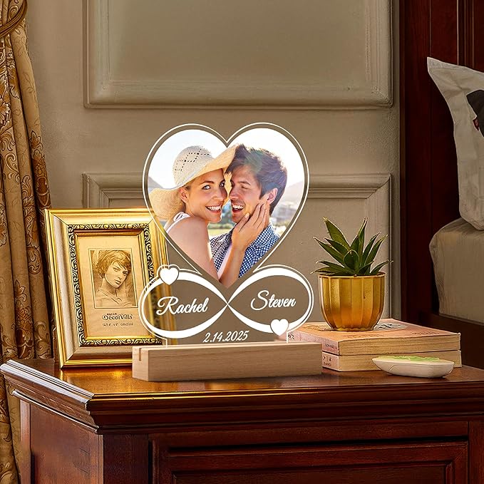 Custom Picture Frames with Photo, Customized Photo Frame with Night Light, Personalized Picture Frame, Personalized Anniversary Birthday Gifts for Women Men Him Her Girlfriend Boyfriend Couples