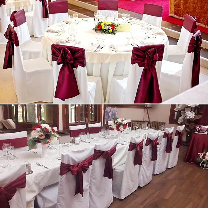 100 PCS Satin Chair Sashes Decorative Bow Satin Chair Sashes Ties Seat Ribbon Bows Chairs Cover Band for Wedding Party Event Ceremony Reception Holiday Banquet Home Kitchen Decor(7 x108 inch,Burgundy)
