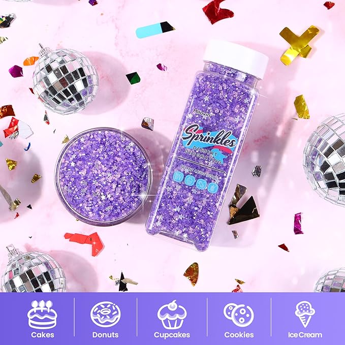 Purple Sanding Sugar for Baking, Pink Sanding Sugar, Sanding Sugar Metallic Silver Glitter Mix, Shimmer silver star sprinkles, Pink and Purple Sprinkles for Baking, Cupcakes, Cakes, Cookies, Macaron, and Ice Cream(4.23oz/120g)