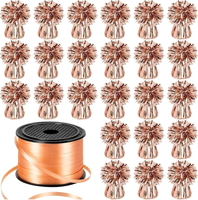 24 PCS Balloon Weights Metallic Anchor, Balloon Holder Heavy Weights with 1 Roll Rose Gold Crimped Ribbon for Balloons Table Party Favor Birthday Decor(Rose Gold)