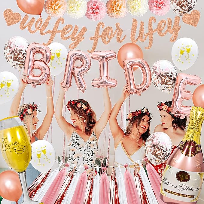 Rose Gold Bachelorette Party Decorations Bridal Shower Decoration Kit with Wifey for Lifey Banner,Champagne Glass Foil Balloons,Bride Foil Balloon,Paper Pom Poms, Tassel Party Supplies