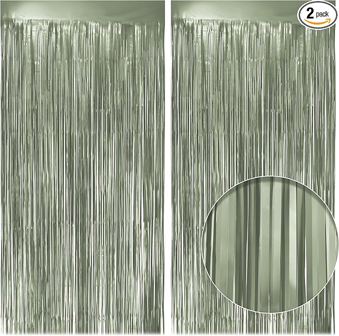2 Pack Metallic Lime Green Fringe Backdrop, 3.2x8.2ft Shining Foil Tinsel Curtains, Birthday Party Decorations Door Streamers for Halloween, Christmas, Wedding, Graduation, Holiday, Theme Events