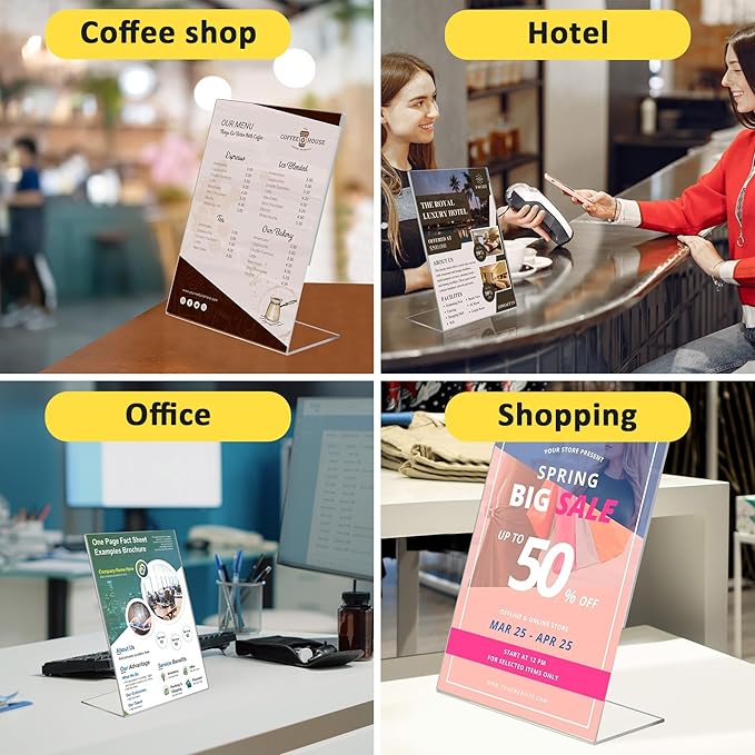 4 Pack Acrylic Sign Holder 8.5x11, Clear Plastic Slanted Back Sign Holders, Desktop Papers Menus Frame Flyer Document Holder Display Stand for Coffee Shops, Hotels, Offices, Public Spaces