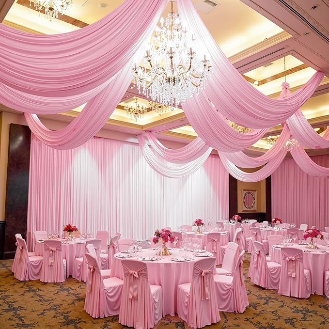 PartyVillage 4 Panels 5ftx30ft Baby Pink Ceiling Drapes for Wedding Parties – 30 FT Extra Long Thick Polyester Wrinkle-Free Drapery Tent Decor Decorations for Birthday Party Ceremony Stage Swag