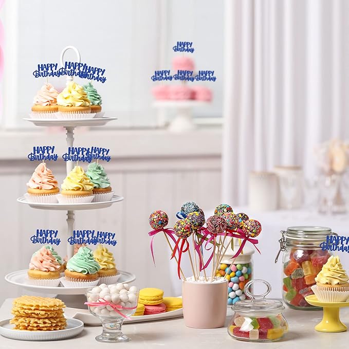 Gyufise 24 Pcs Happy Birthday Cupcake Toppers Glitter Cupcake Food Picks for Celebrating Theme Party Cake Decorations Supplies Deep Blue