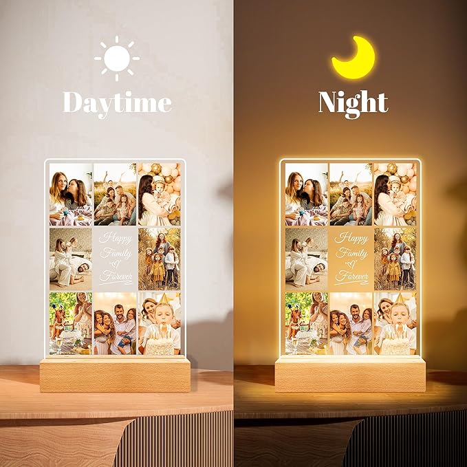 Personalized Collage Picture Frames with Photos, Custom Photo Frame with Night Light, Customized Birthday Gifts, Personalized Gifts for Women Men Mom Dad Kids Baby Family Friends