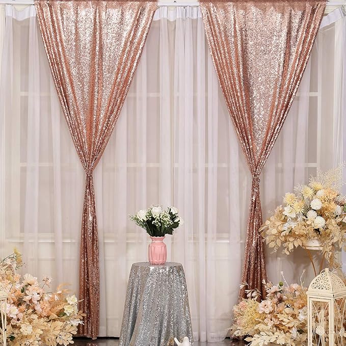 Poise3EHome 2Pcs 3Ft x 8Ft Rose Gold Sequin Backdrop Curtain, Glitter Photography Background, Sequence Xmas Thanksgiving Backdrop for Wedding Party Holiday Festival Decor