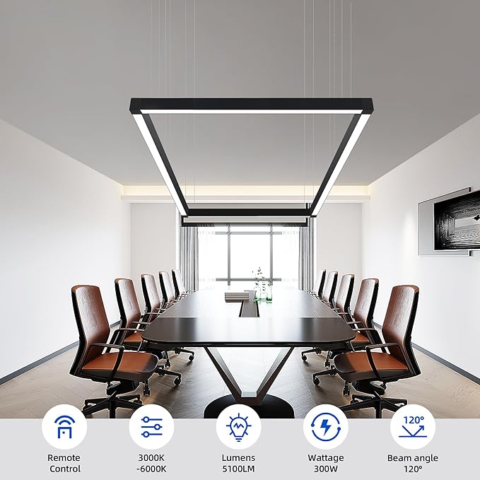 8FT x 4FT LED Linear Light Rectangular Set with Remote Control, 50W Seamless Connection, 3000K to 6000K Color Changing, Commercial Hanging LED Shop Light Fixtures for Office Work Shop Garages