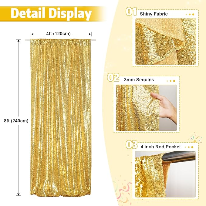 Poise3EHome 4x8ft Gold Sequin Backdrop, Upgrade Shimmer Backdrop for Wedding Christmas Decor, Party Photo Booths, and Event Decorations