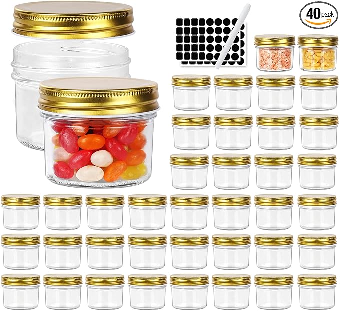 Betrome 4 oz Clear Glass Jars with Metal Golden Lids, Pack of 40, 100ml Round Canning Jars,Ideal for Spices, Herbs, Honey, Jam, Wedding Favors