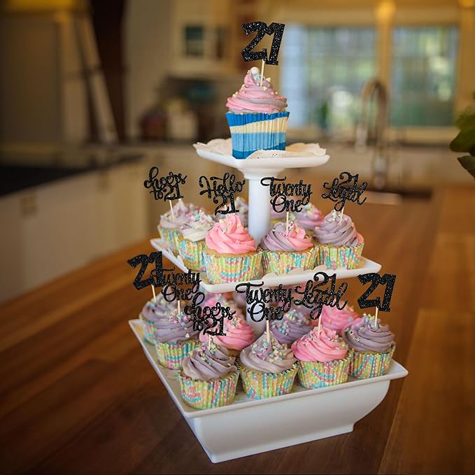 30pcs 21st Birthday Cupcake Toppers - Legal 21st Cupcake Picks - Cheers to 21 Years Old Cake Decorations - Black Glitter
