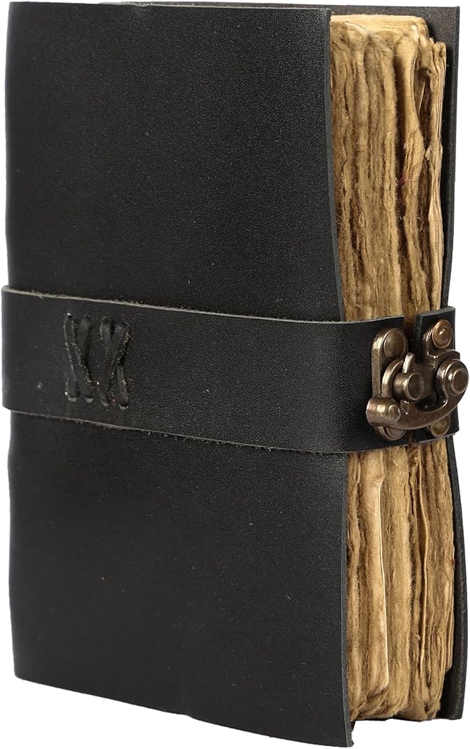 Vintage Leather Journal Handmade Buffalo Non-Refillable Deckle Edge Paper – Leather Bound Journal for Women, Men, C-Lock Closure Ideal for Writing & Travel for Artists (Black)