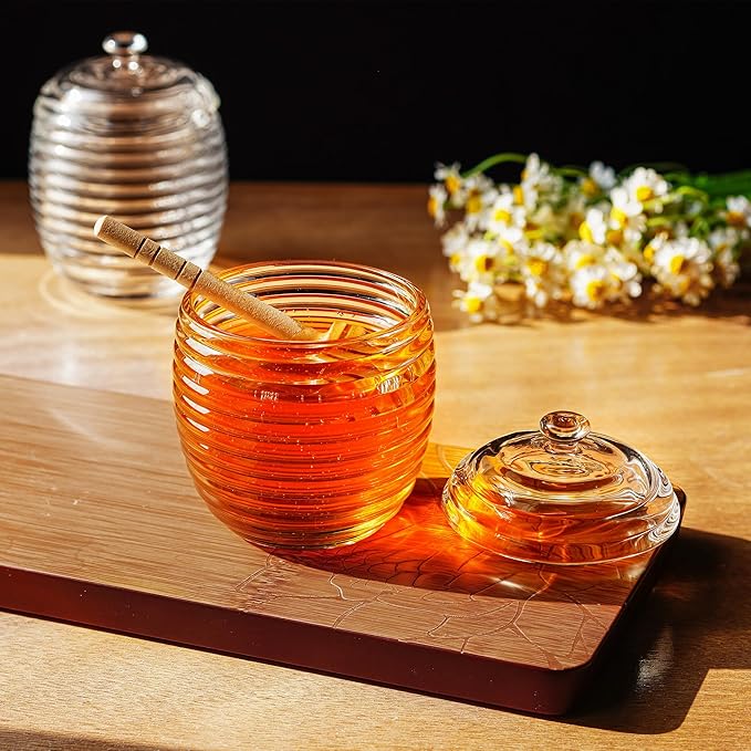 kanpura 9oz Glass Honey Dispenser, Glass Honey Jar with Dipper,Clear Crystal Honey Pot for Home Kitchen,Store Honey and Syrup,Easy to Clean