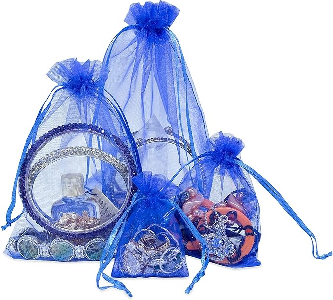 TheDisplayGuys 100-Pack XS 2 x 2 3/4" Royal Blue Sheer Organza Gift Bags with Drawstring, Jewelry Candy Treat Wedding Party Favors Mesh Pouch