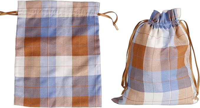 Large Fall Burlap Bags with Drawstrings - Orange Buffalo Plaid, Sage Green Gingham - Reusable Brown Pouch for Thanksgiving Party Gift Wrapping Goodies (4 colors, 6x8 inch)