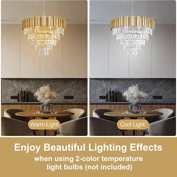 Modern Crystal Chandelier, 27.5" Gold Chandelier for Dining Room, 9-Light Luxury Round Chandeliers, 5-Tier Contemporary Light Fixture for Living Room, Bedroom, Foyer, Entryway