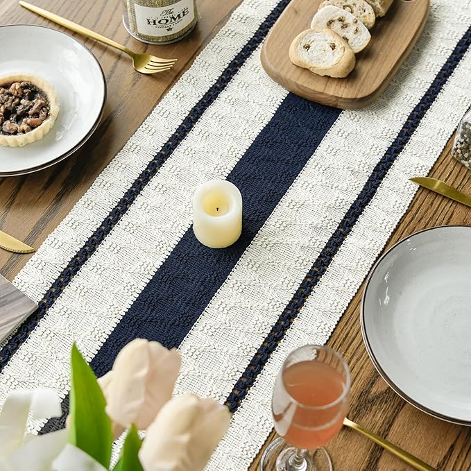 Artoid Mode Dark Blue Farmhouse Woven Rustic Table Runner, Seasonal Holiday Hollow Kitchen Dining Table Decoration for Home Party Decor 12x90 Inch