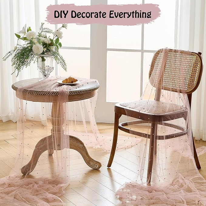 Fanami 3 Pack Pearl Table Runner -10FT Dusty Pink Boho Tulle Table Runners 120 Inches Long Rustic Sheer Lace Fabric Centerpieces for Wedding Arch Birthday Party Bridal Veil Baby Shower Decorations