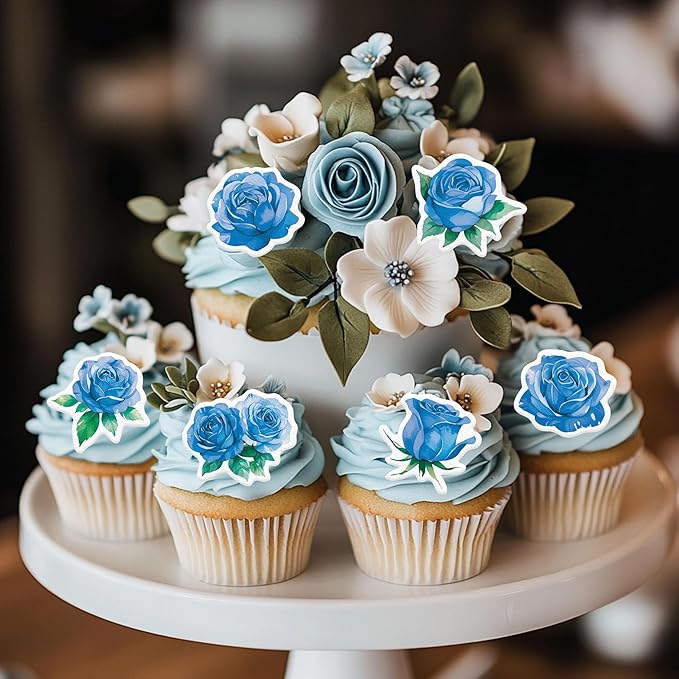 48PCS Edible Rose Flower Cupcake Toppers Wafer Paper Roses Decorations Flower Birthday Party Decorations Rose Cake Toppers for Wedding Engagement Birthday Party Cake Decor Supplies (Blue)