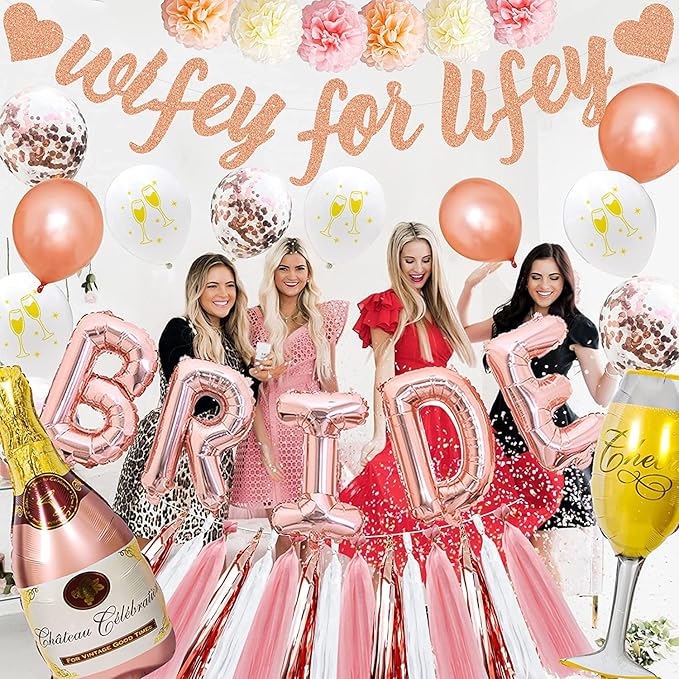 Rose Gold Bachelorette Party Decorations Bridal Shower Decoration Kit with Wifey for Lifey Banner,Champagne Glass Foil Balloons,Bride Foil Balloon,Paper Pom Poms, Tassel Party Supplies