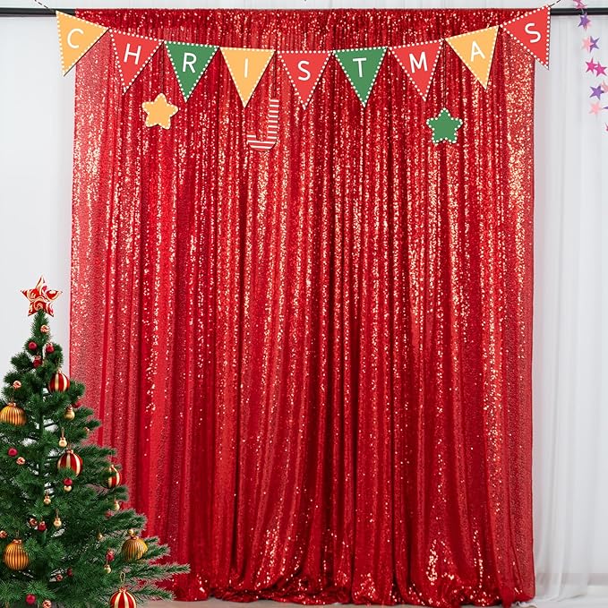 ShiDianYi Sequin Backdrop Curtain 10x10 FT Red Sequins Fabric Drapes for Photography Shimmer Sequined Curtain for Parties Red Backdrops Photo Background for Christmas/Wedding