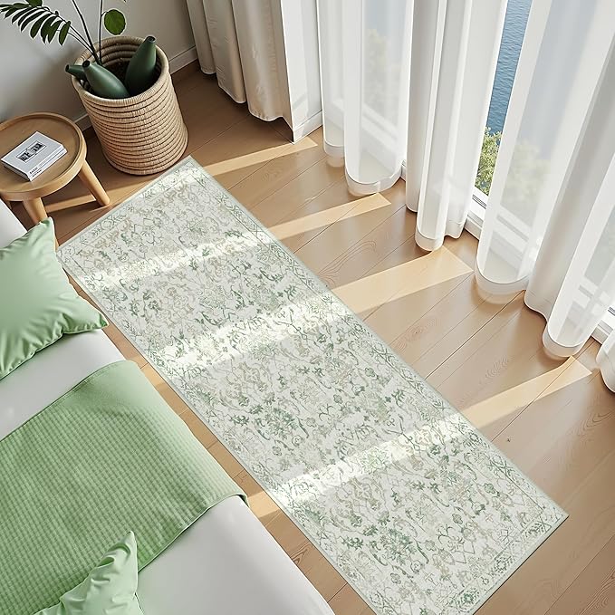 Green 3x10 Runner Rug for Hallways Bed Side Kitchen, Boho Washable Distressed Low-Pile Floor Entryway Long Bathroom Mat, Non-Slip Laundry Room Washstand Front Carpet Green 36x84 Inch