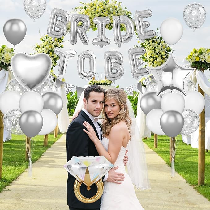Silver Bachelorette Party Decorations, Silver Bride To Be Bridal Shower Balloons Decorations, Metallic White Balloon with Diamond Ring Star Heart Balloon for Bachelorette Engagement Wedding
