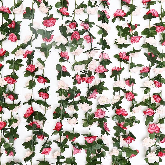 12 PCS 98.4 FT Artificial Flower Garland Pink Rose Garland for Wedding Room Decor（12,Pink）