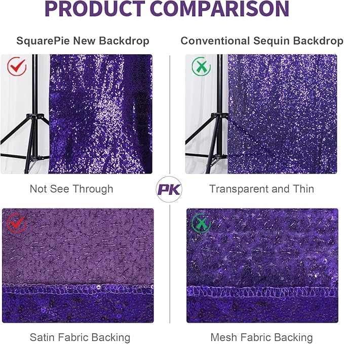 SquarePie Sequin Backdrop Less Transparent Background Sparkly Curtain for Wedding Halloween Party 6FT x 8FT Purple