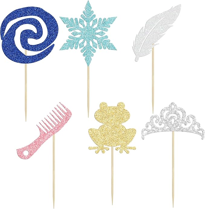 Gyufise 24Pcs Princess Symbol Cupcake Toppers Crown Frog Feather Comb Snowflake Cupcake Pick Decorations for Princess Theme Baby Shower Kids Birthday Party Supplies