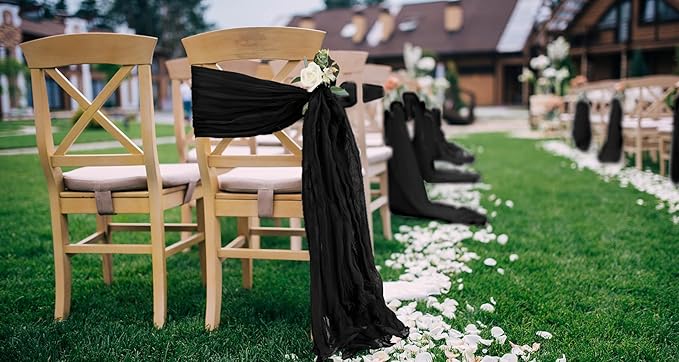 50 PCS Cheesecloth Chair Sashes, Bows Designed ChairSashes, 15.7x108 inch Chair Sashes for Aisle Decorations Universal Chairs Cover Decoration for Wedding Reception Party Banquet (Black)