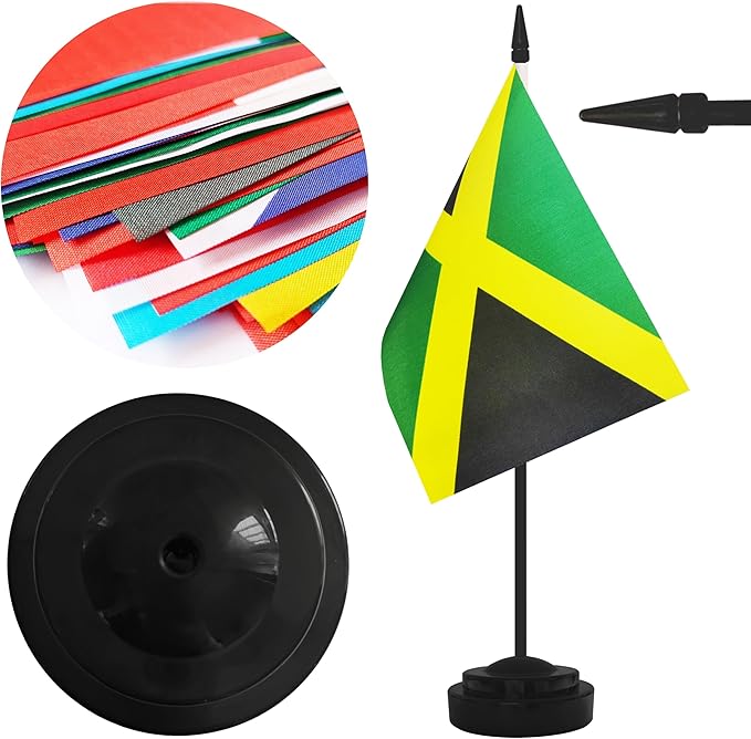 12 Pack Jamaica Desk Flags, Jamaican Desktop Flag, Small Miniature Office Flags with 12" Black Pole and Black Base, Offices, Classroom, Home, Festival Decoration (Jamaica)