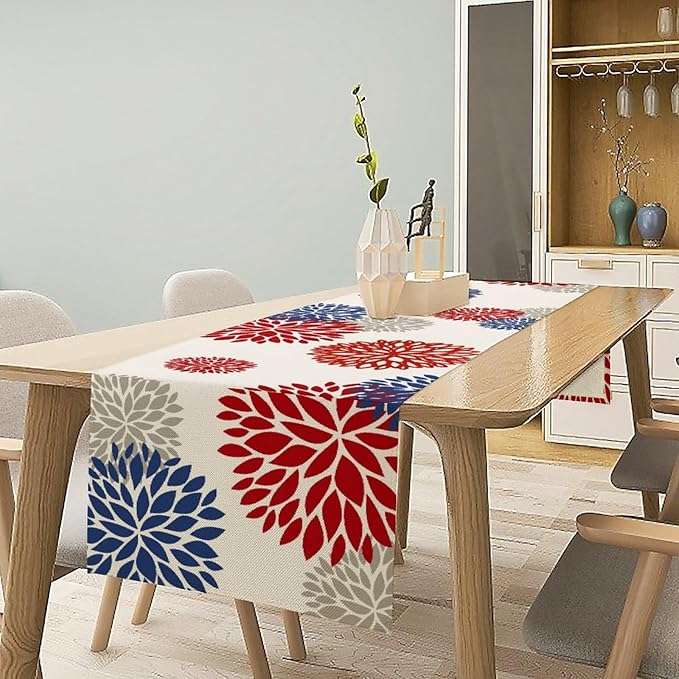 4th of July Table Runner, Blue Red Dahlia Flower American Patriotic Memorial Day Table Runner for Farmhouse Kitchen Dining Table Party Decor, 13x108inch