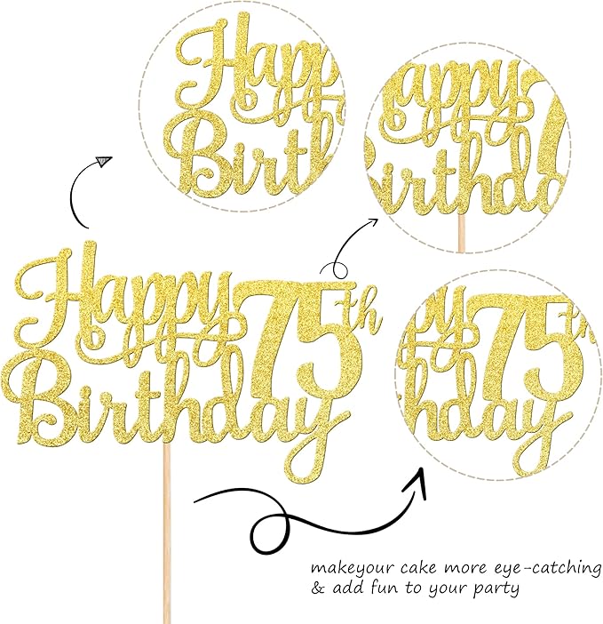1 PCS Happy 75th Birthday Cake Topper Gold Glitter Cheers to 75 Years Birthday Cake Pick 75 Fabulous Cake Decoration for Happy 75th Birthday Theme Party Decorations Supplies