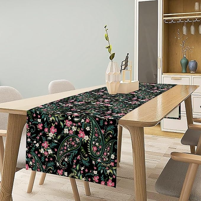 Paisley Table Runner, Abstract Vintage Boho Pink Paisley Flowers Green Teal Leaves Print Table Runner for Dinning Holiday Party Indoor Outdoor Decor, 13x108inch