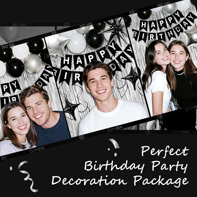 32nd Birthday Decorations for Men Women, Black Silver Happy Birthday Party Decorations， 32 Year Old Party Supplies with Number 32 Balloons, Banner, Fringe Curtains Kit