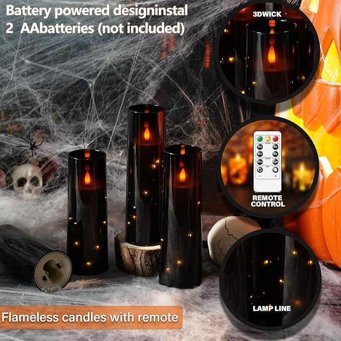 Flameless Candles with Embedded Star String - Battery Operated LED Candles, with Remote,12 Black Flickering Candles for Christmas, Weddings, Home Decor & Party,(D 2.3"×H 5" 6" 7")