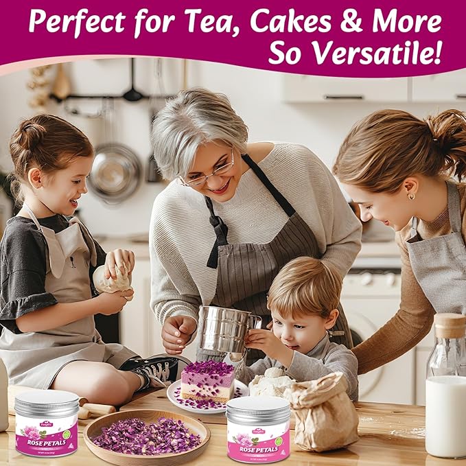 Fangkic Edible Rose Flower Petals for Cake, 2-Pack-0.5oz Each, 3AAA Food Grade Dried Double rose and Damascus Rose Flower Sprinkle for Baking, Cocktails, Tea, Soap –Gluten-Free, No Additives