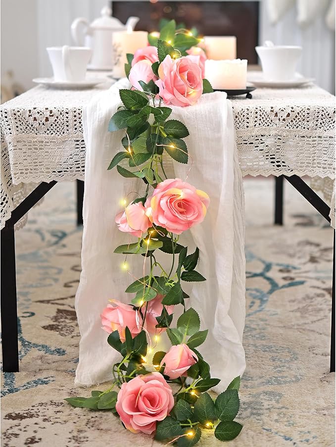 FiveSeasonStuff 29 Ft 4 Pack Amaranth Light Pink Rose Silk Flower Garland Artificial Flowers Decoration Hanging Floral with 66 feet String Lights
