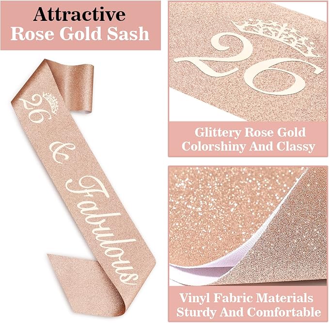 26th Birthday Sash and Tiara for Women Including Rhinestone Crown, Fabulous Sash, Candles and Cake Topper, 26 Year Old Decorations Gifts for Women, Rose Gold Party Decor Supplies